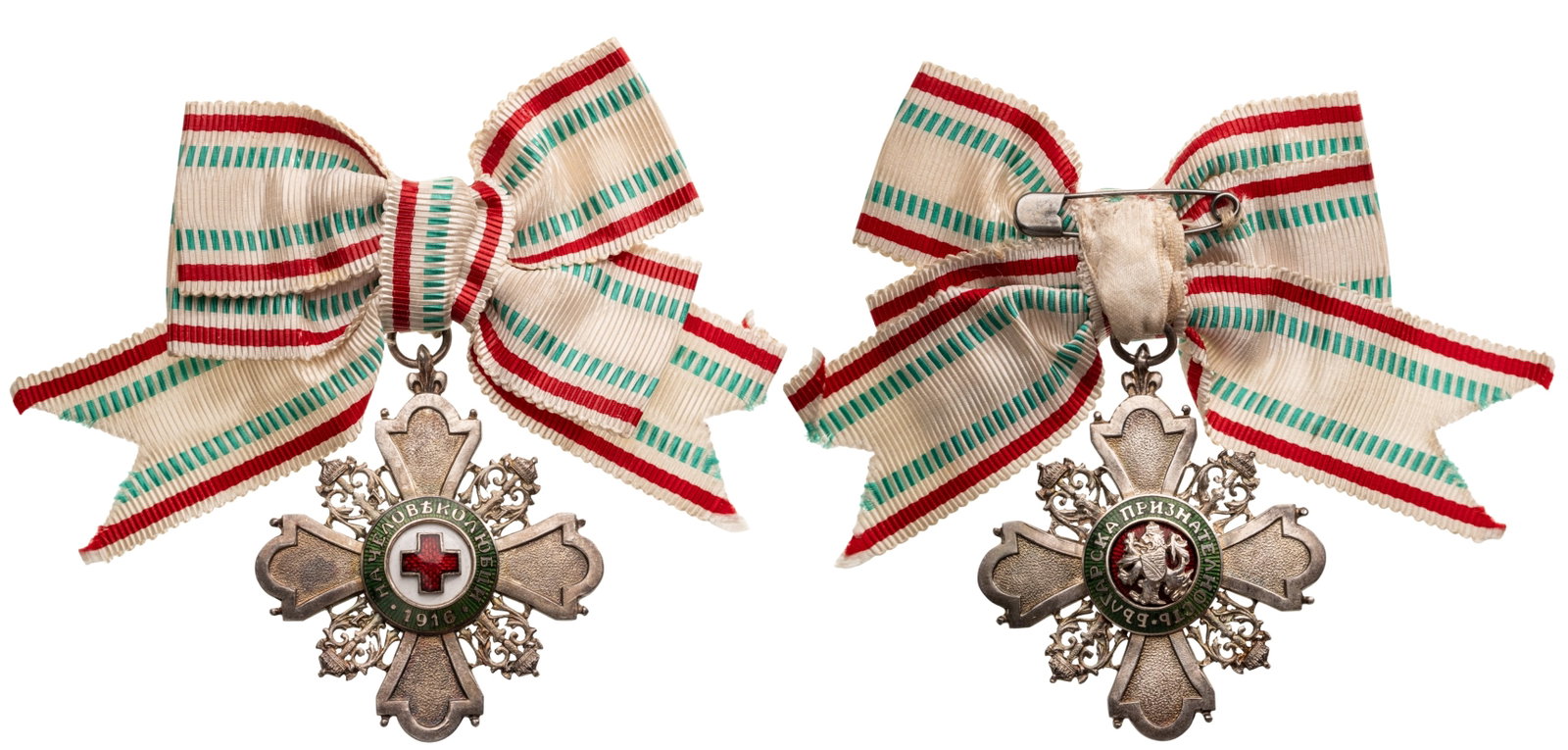 ORDER FOR INSENSITIVE TO HUMANITY: 3rd Class for Ladies. Breast Badge, 51x45 mm, Siver, centers enameled, original suspension ring and ribbon. Elegant and in extremely fine condition! I