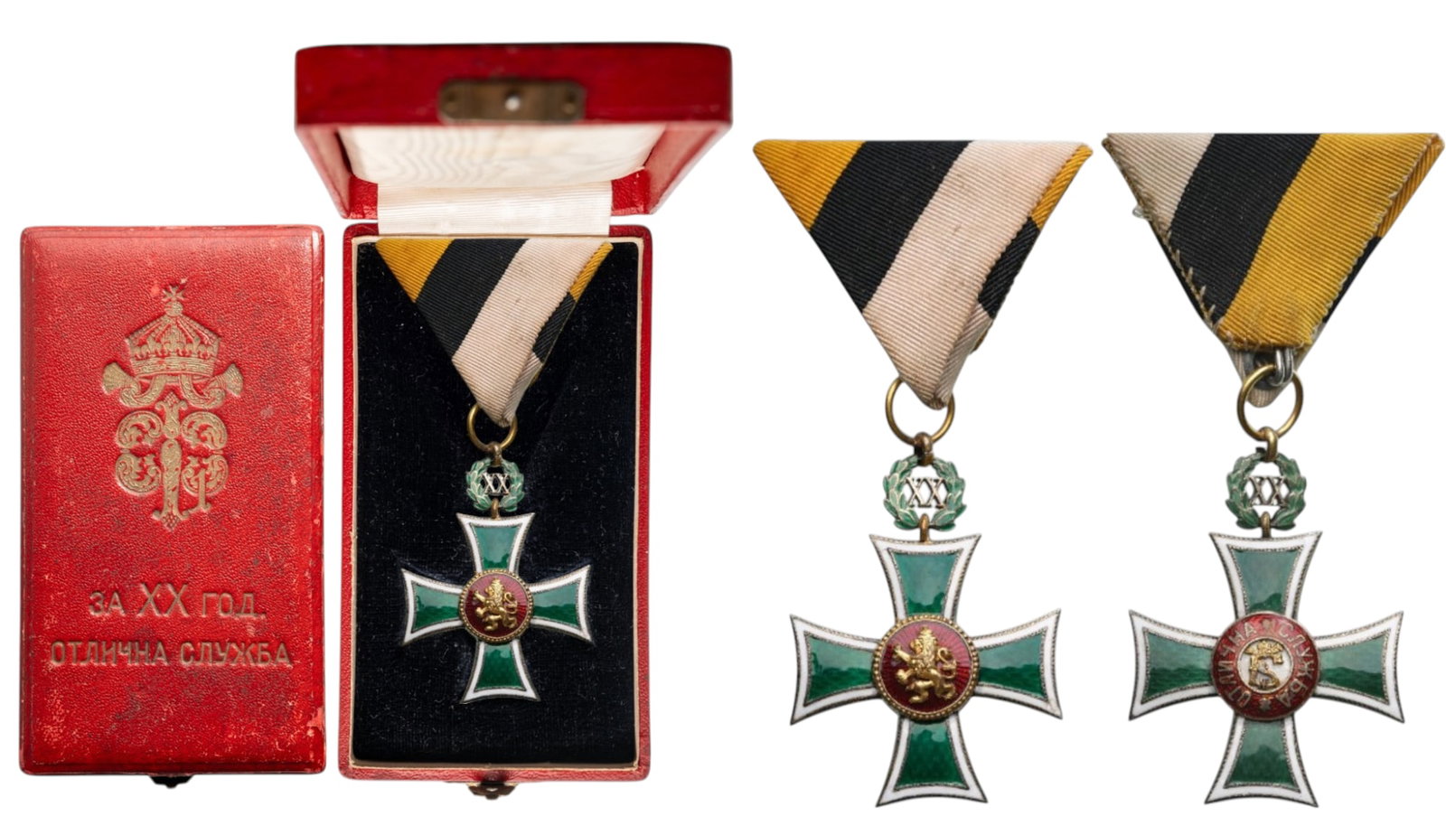 Cross for XX Years of Faithful Service for Officers, Tsar Boris III issue: Breast Badge, 51x39 mm., gilt Silver, enameled, original suspension wreath, ring and triangular ribbon, in case of issue, with gilt monogram of King Ferdinand I and inscription on the lid. Very attrac