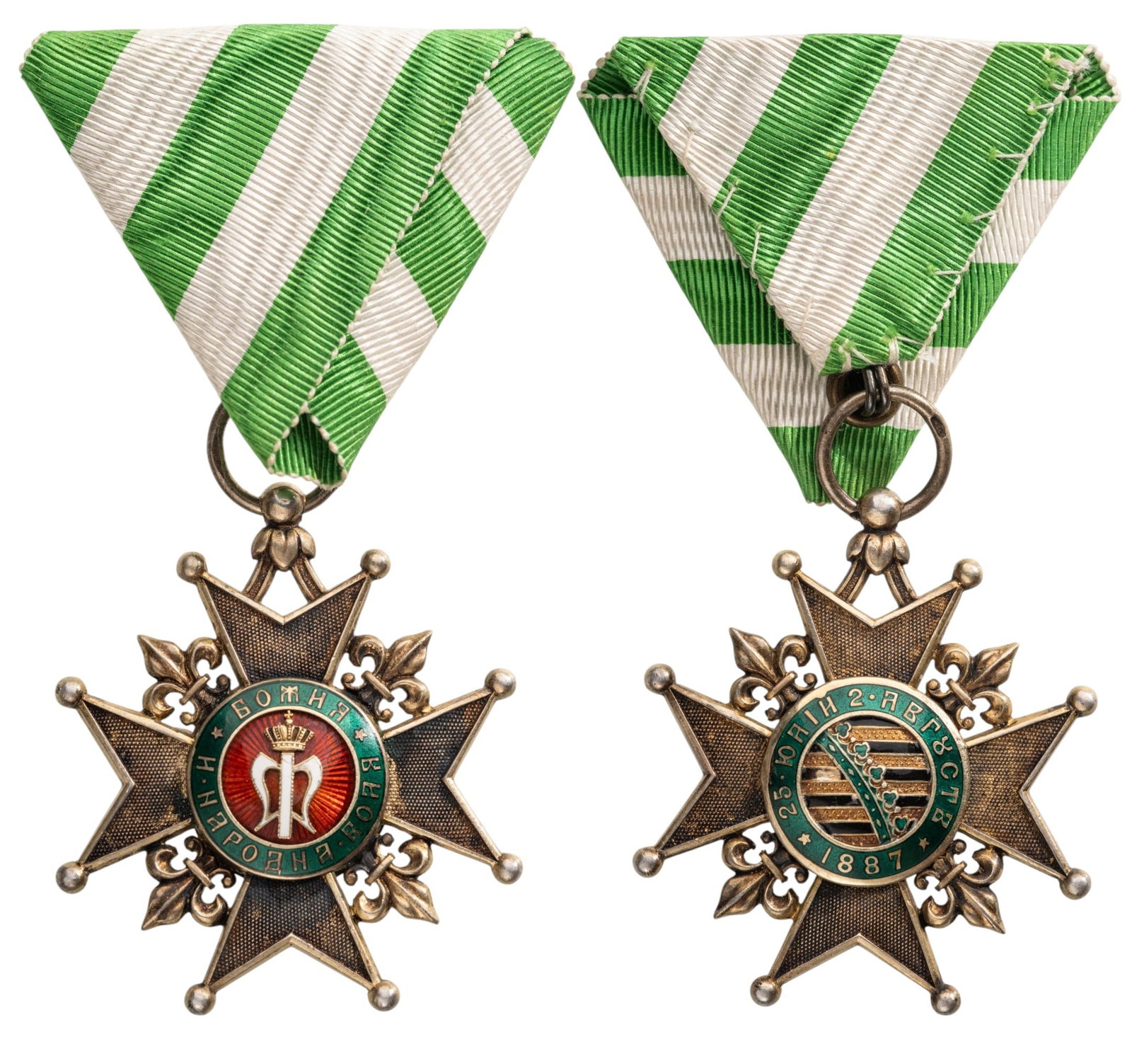Cross For the Accession of Prince Ferdinand I in 1887, 1st Class, by C. F. Rothe, Vienna: Breast Badge, 48x42 mm., gilt Silver, hallmarked, centers enameled, original suspension ring and ribbon. Extremely fine and rare! I R!