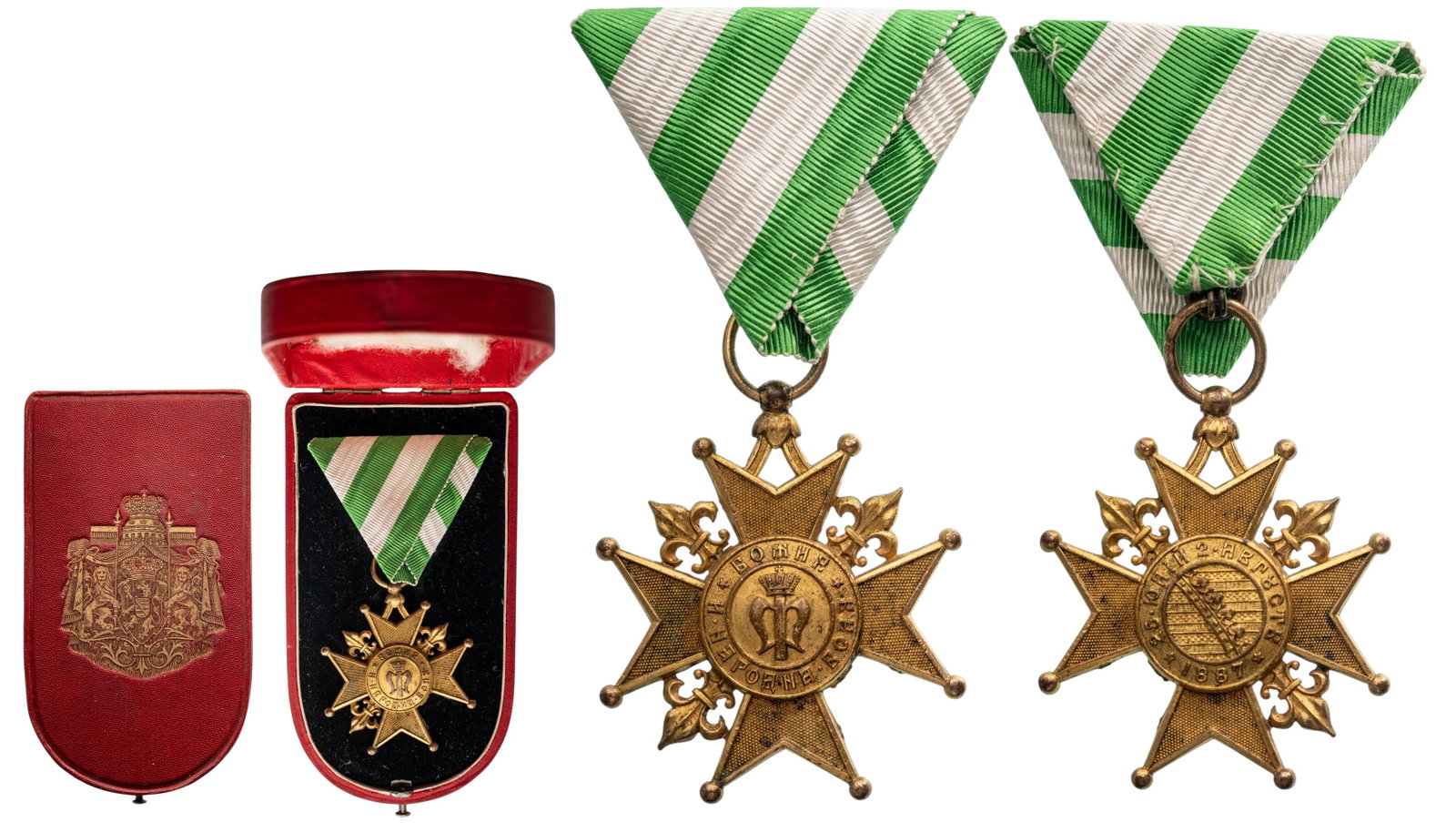 Cross For the Accession of Prince Ferdinand I in 1887, 2nd Class, by C. F. Rothe, Vienna: Breast Badge, 48x42 mm., gilt Bronze, original suspension ring and ribbon, in damaged case of issue by "Rothe - Viena". I/III