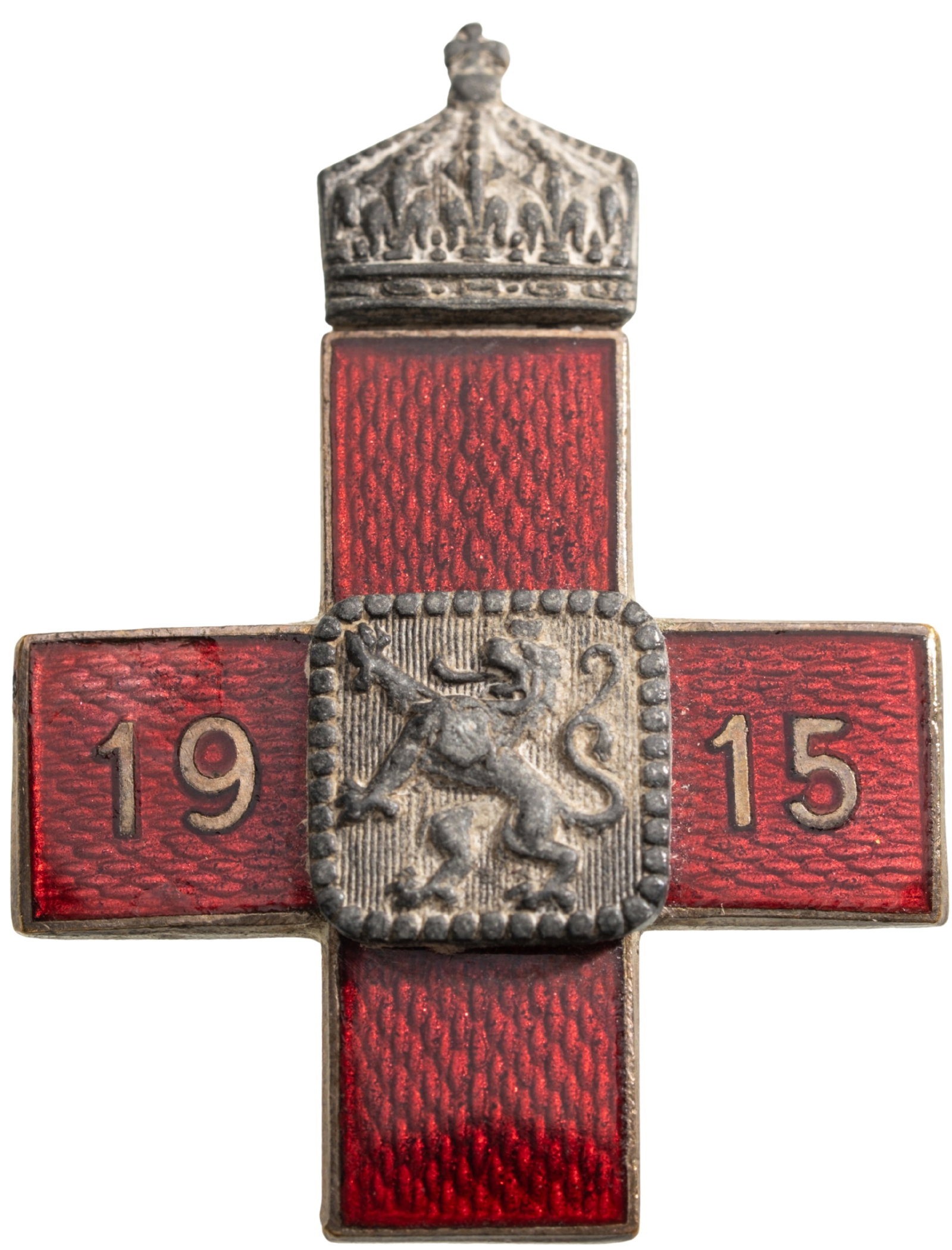 RED CROSS BADGE, 1915, SILVER CLASS: Breast Badge, 34x26 mm., silvered Bronze, enameled, thin horizontal pin on reverse. Mint condition! I