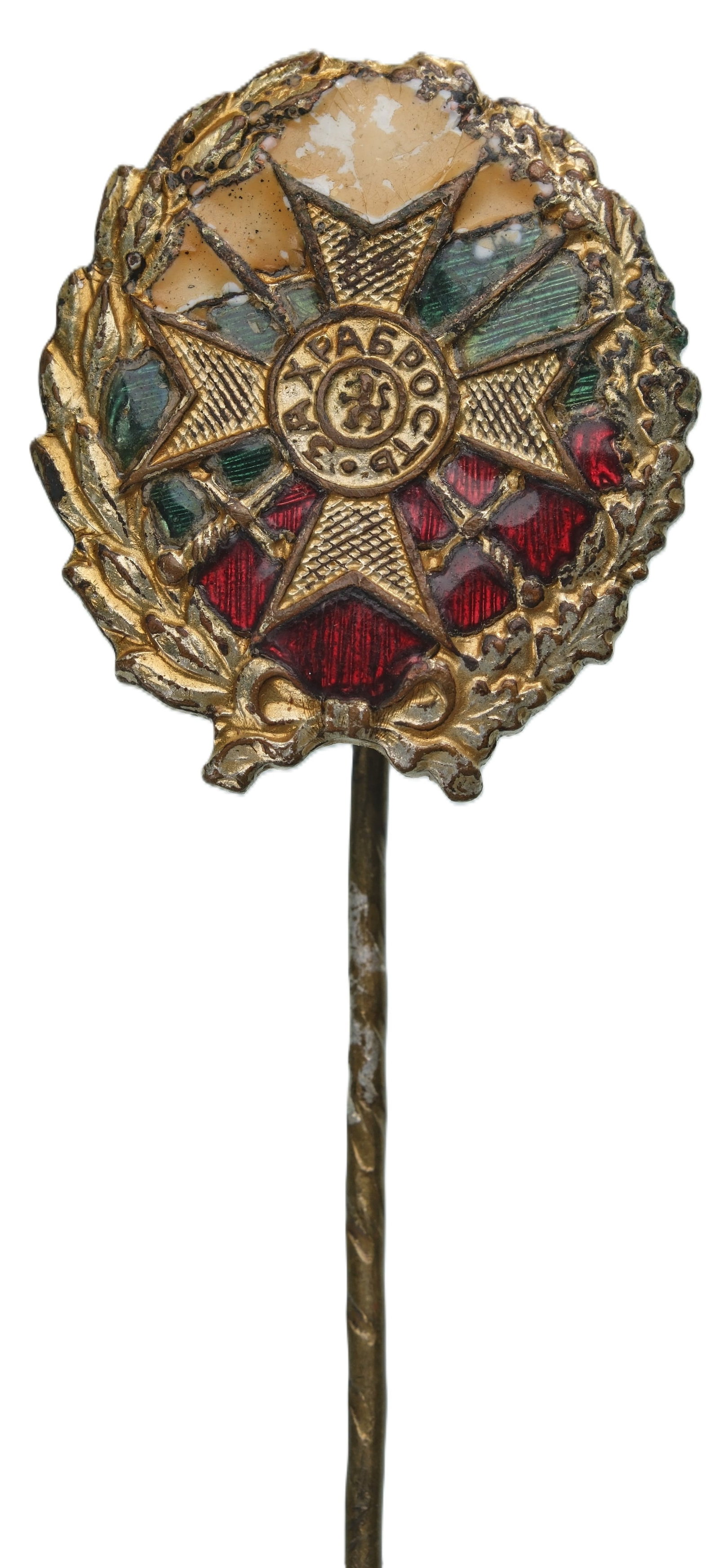 Union of Knights of Bravery Order Pin, Officer Class: Breast Badge, 19x16 mm., gilt Silver, one-side enameled, original long pin on reverse. Rare, very fine condition! II R!