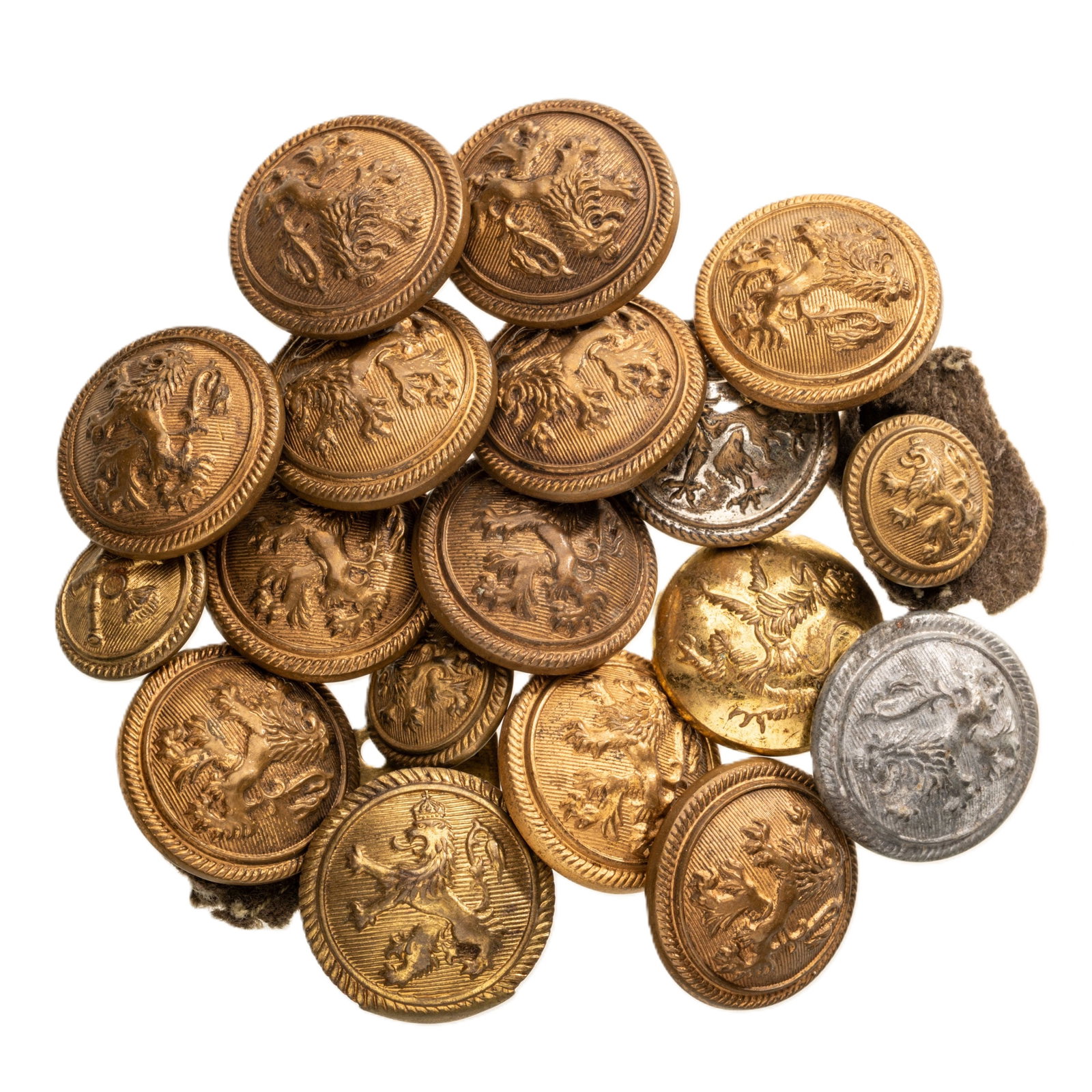 18 Uniform Buttons: Lot of 18. Buttons, various sizes 16 to 23 mm., maker's mark "Bruder Schneider - Wien; Hochfeine Qualitat, etc..." 18 in Brass, one in Zinc, suspension ring on reverse. I-III (18)