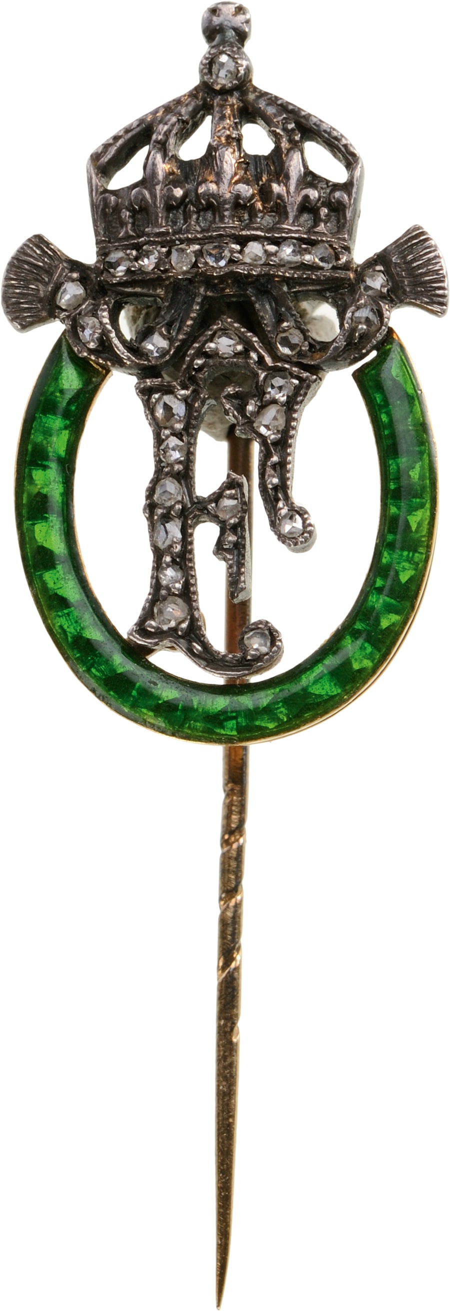 Royal Familyâ??s Honour Gift of Tsar Ferdinand of Bulgaria: Breast Badge, 20,5 x 15,5 mm., GOLD, latin â??Fâ?? monogram, set with Diamonds, within green enameled, oval frame, surmounted by the Bulgarian Royal crown, also set with Diamonds, the reverse, with 