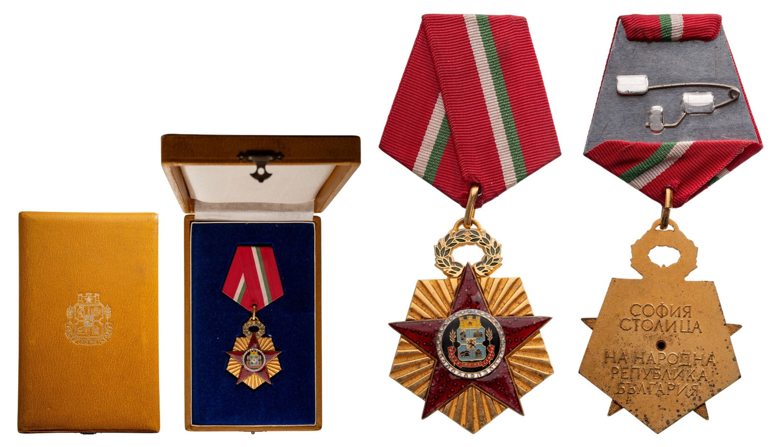 100th Anniiversary of Sofia, 1879 - 1979: Breast Badge, 57x42 mm., gilt Bronze, one side enameled, original suspension ring and ribbon, with inscription on reverse, in case of issue, with gilt weapon on the lid. A solid badge, in extremely fi