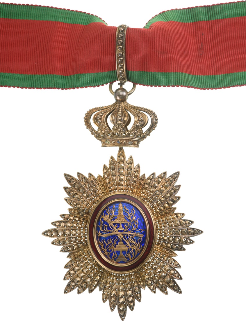 ROYAL ORDER OF CAMBODIA: Commander's Cross, 3rd Class, instituted in 1864. Neck Badge, 106x71 mm, gilt Silver with brilliant cut rays, entirely repierced, central medallion gilt silver, enameled, original suspension ring, loo
