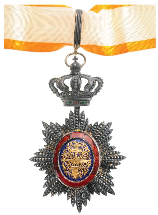 ROYAL ORDER OF CAMBODIA: Commander`s Cross, 3rd Class, instituted in 1864. Neck Badge, 59 mm, gilt Silver, central medallion gilt silver, enameled, original suspension loop and short neck ribbon. Superb jeweler`s quality! I