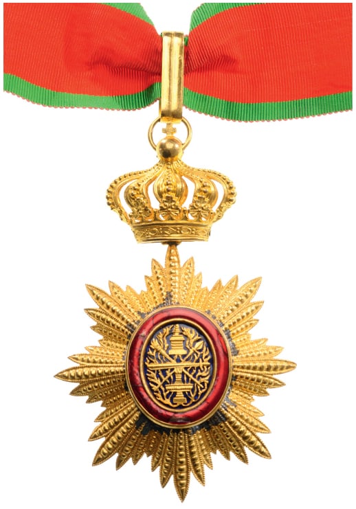 ROYAL ORDER OF CAMBODIA: Commander's Cross, 3rd Class, instituted in 1864. Neck Badge, 63 mm, gilt Bronze, French maker's mark, central medallion gilt, enameled, original suspension loop and long neck ribbon. I