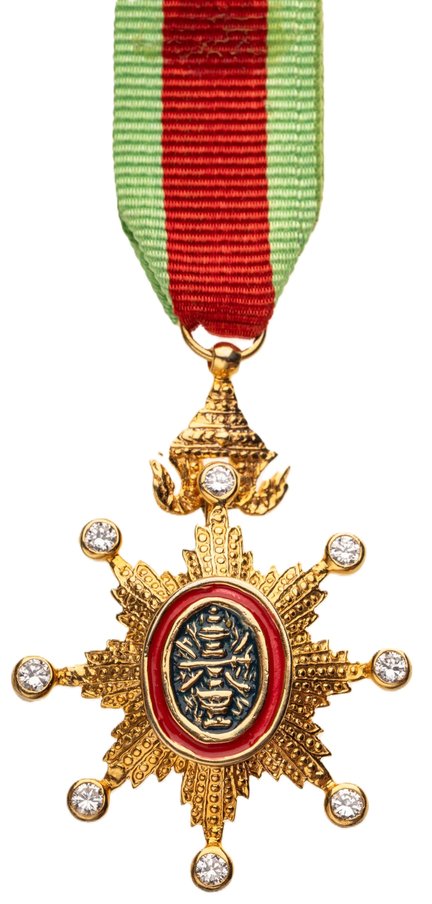 ROYAL ORDER OF CAMBODIA: Officer's Cross Half Size with Brilliants, 4th Class, instituted in 1886. Breast Badge, 50x37 mm., gilt Bronze, 8 pastes to points, central medallion enameled, original suspension crown, ring and ribb