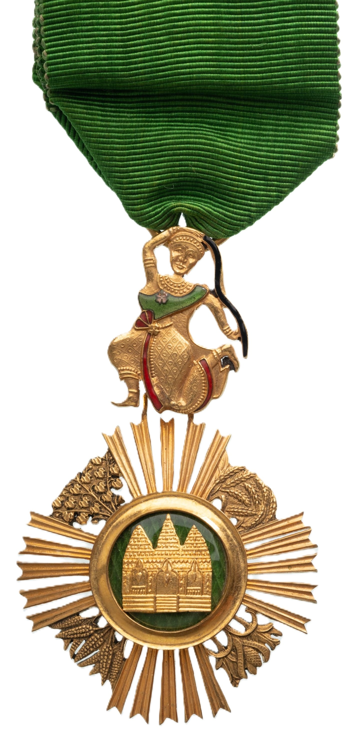 ROYAL ORDER OF SOWATHARA, 1923: Knight's Cross, instituted in 1923. Breast Badge, 64x39 mm, gilt Bronze, one side enameled, suspension device, ring and ribbon. A superb badge, in mint condition! I