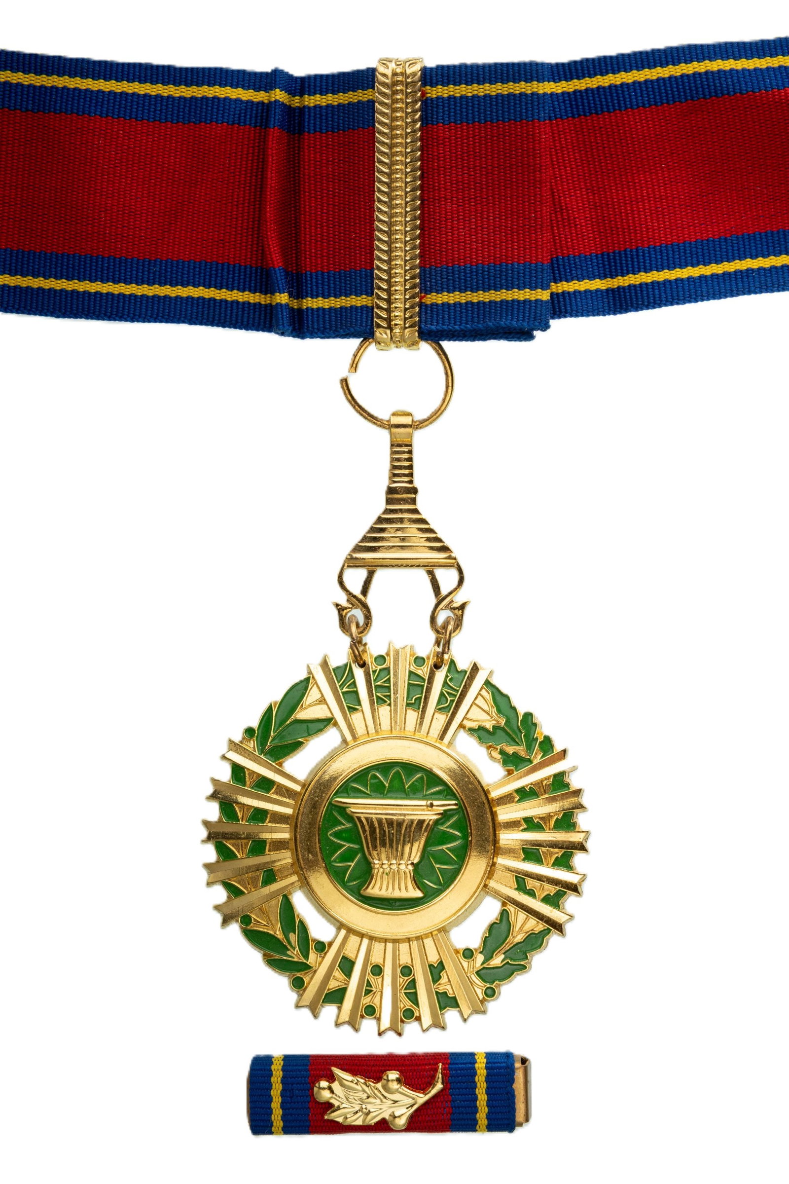 ROYAL ORDER OF SAHAMETREI: Commander`s Cross, 3rd Class, instituted in 1948. Neck Badge, 89x57 mm, gilt Bronze, maker's mark "SKT 18", one side enameled, central medallion gilt Bronze, original suspension crown, ring, ornamente