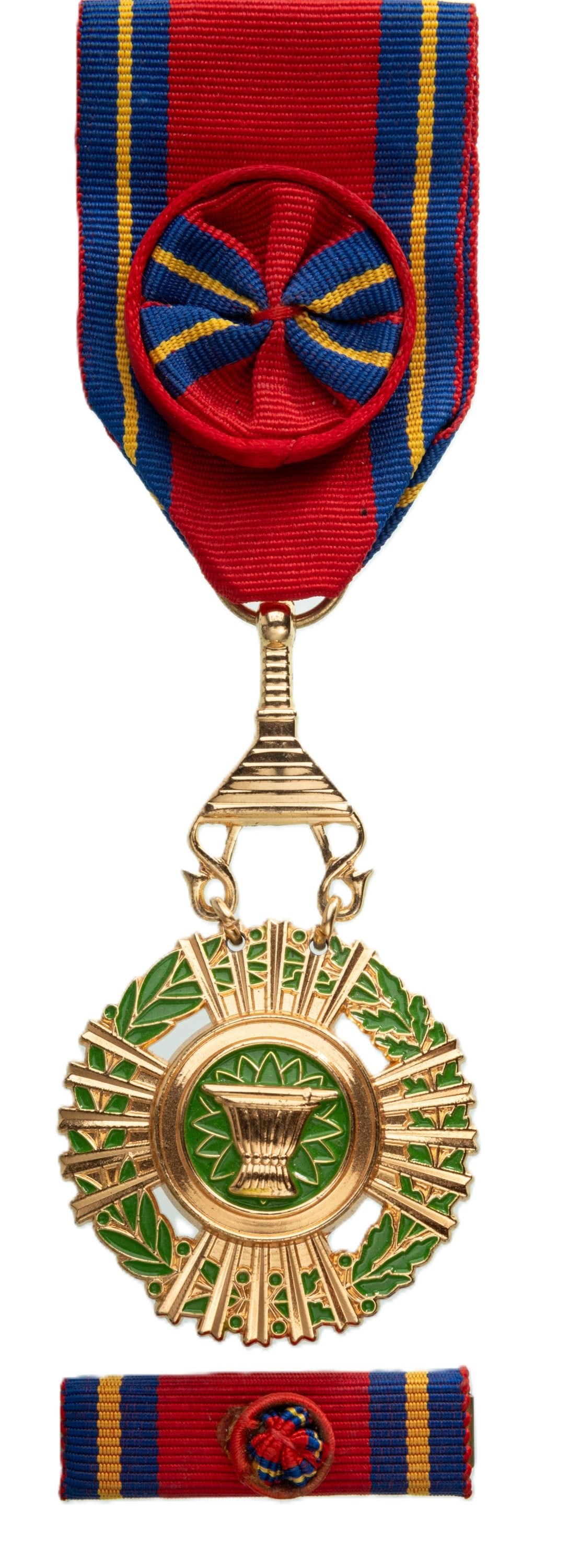 ROYAL ORDER OF SAHAMETREI: Officer`s Cross, 4th Class, instituted in 1948. Breast Badge, 72x42 mm, gilt Bronze, maker's mark "SKT 16", one side enameled, central medallion gilt Bronze, original suspension crown, ring, ornamente
