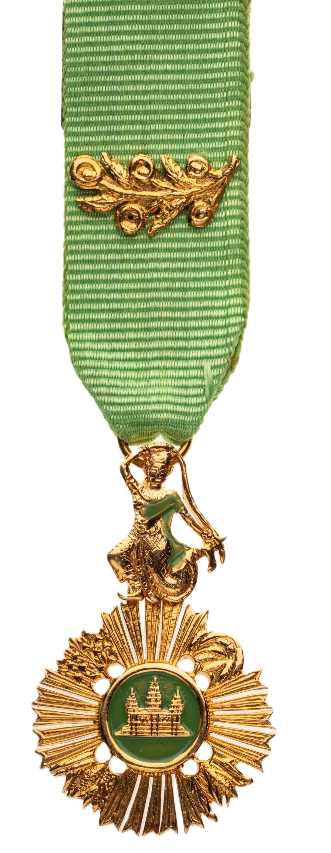 ROYAL ORDER OF SAHAMETREI: Officer's Cross Half Size, 4th Class, instituted in 1886. Breast Badge, 42x26 mm., gilt Bronze, central medallion enameled, original suspension device, ring and ribbon witl palm. An extremely fine bad