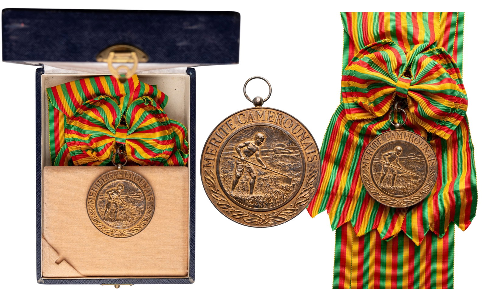 Order of Merit of Cameroon: Commander's Cross, 1st Class, instituted in 1946. Neck Badge 66x60 mm, Bronze, suspension with circular ring and original ribbon, in case of issue by "Arthus Bertrand - Paris". A scarce badge in extre