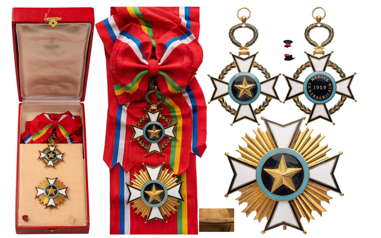 Order of Central African Merit: Grand Cross Set, 1st Class, instituted in 1959. Sash Badge, 84x56 mm, gilt Bronze both sides enameled, original suspension wreath, ring and sash with bow. Breast Star, 67 mm, gilt Bronze, original pin