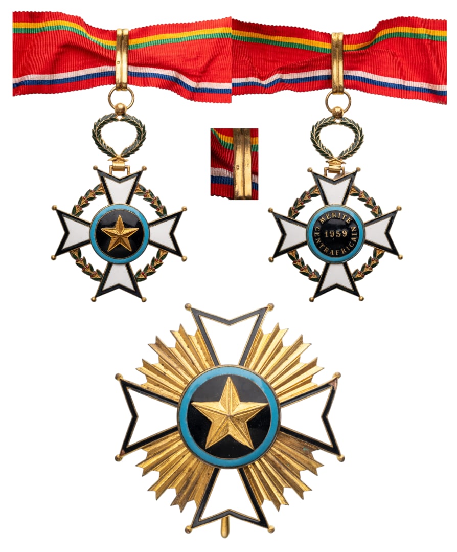 Order of Central African Merit: Grand Officer's Set, 2nd Class, instituted in 1959. Neck Badge, 83x57 mm., gilt Silver, hallmarked, enameled, original suspension wreath, ring and ribbon. Breast Star, 67 mm, gilt Bronze, original pin
