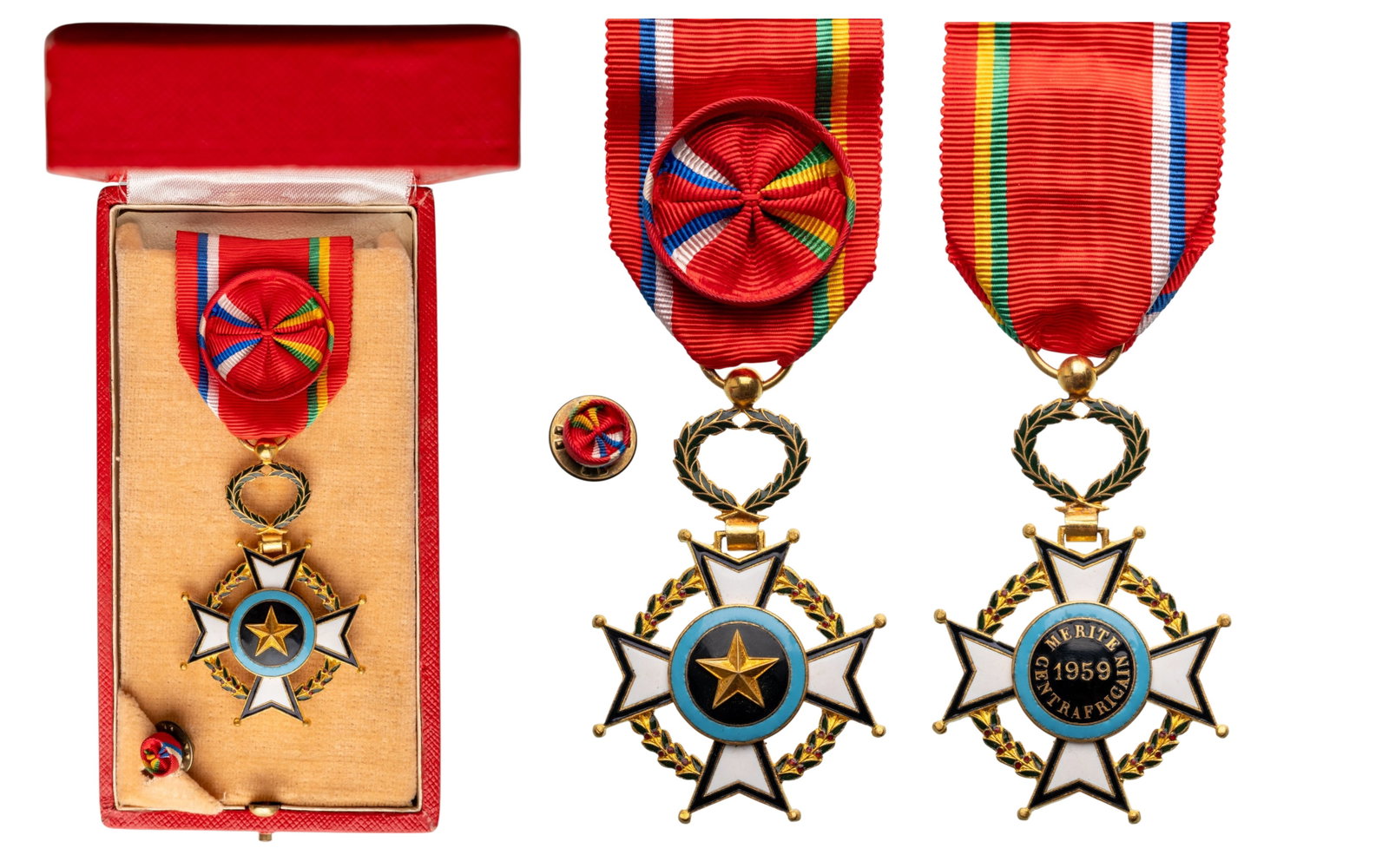 Order of Central African Merit: Officer's Cross, 4th Class, instituted in 1959. Breast Badge, 61x39 mm., gilt Bronze, enameled, original suspension wreath and ribbon with rosette, in case of issue by "Arthus Bertrand, Paris", with l