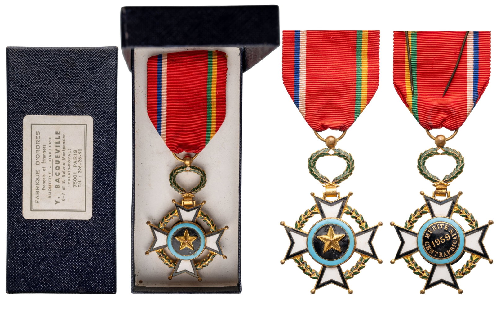 Order of Central African Merit: Knight's Cross, 5th Class, instituted in 1959. Breast Badge, 61x39 mm., gilt Bronze, maker's mark, enameled, reverse center rotated, original suspension wreath and ribbon, in case of issue by "Y. Bacq