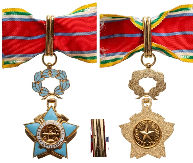 The Order of Industrial and Artisanal Merit: Commander's Cross, 3rd Class, instituted in 1959. Neck Badge, 70x45 mm., gilt Bronze, maker's mark, one side enameled, original suspension wreath, ring, loop and ribbon. Mint state! I