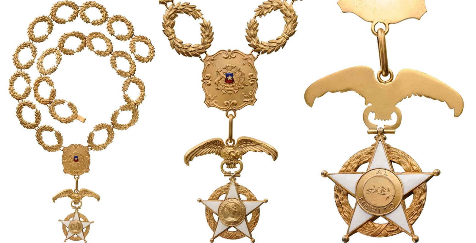ORDER OF MERIT: Collar of the order, instituted in 1906, in gilt Silver, composed by 18 laurel wreaths and a centre link made as an ornamented escutcheon, bearing the state`s coat-of-arms, with enameled details, the 