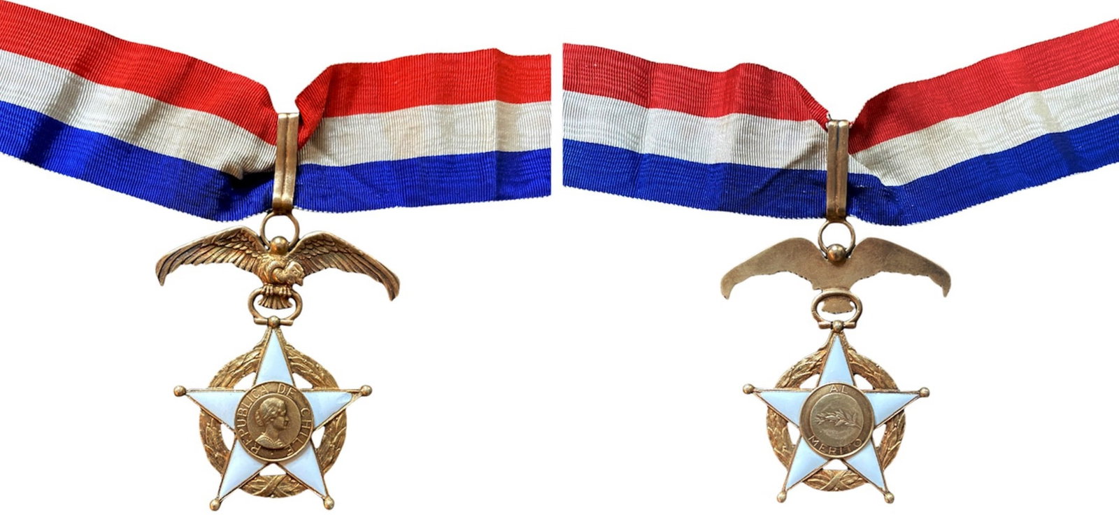ORDER OF MERIT: Commander's Cross, instituted in 1929. Neck Badge, 71x49 mm., gilt Siver, enameled (minor damage to one arm), original suspension device, ring and loop and Chilean flag ribbon. I-