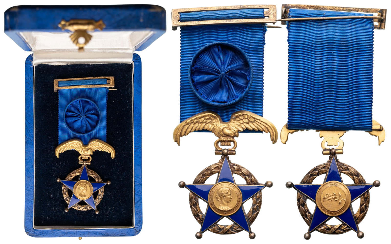 ORDER OF MERIT: Officer's Cross, instituted in 1929. Breast Badge, 57x42 mm., gilt Siver, enameled, original suspension eagle and ribbon with rosette, in case of issue by "Hours, Santiago". Superb! I