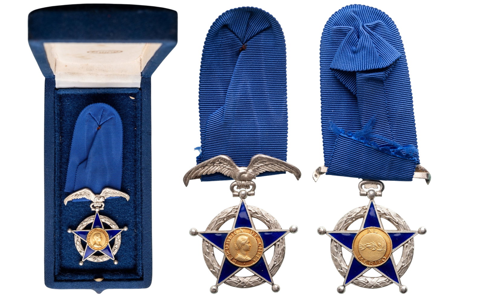 ORDER OF MERIT: Knight's Cross, instituted in 1929. Breast Badge, 56x41 mm., partially gilt Siver, enameled, original suspension eagle and ribbon, in velvet case of issue by "Millod, Chile". Superb! I