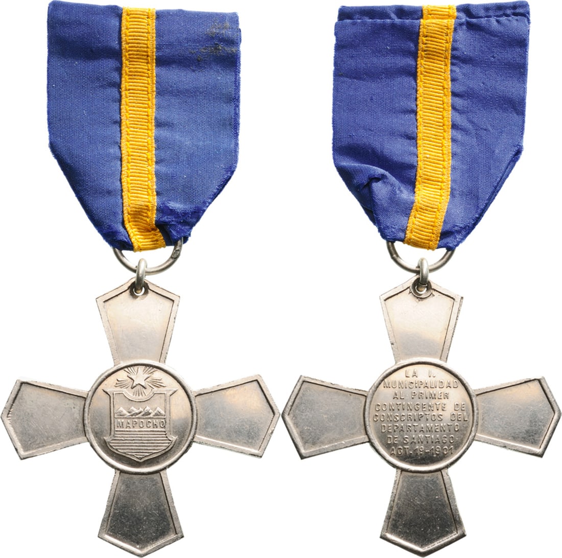 Commemorative Cross for the Campaign of Mapocho: Commemorative Cross for the Campaign of Mapocho, in Alpaca, the obverse medallion with coat-of arms of the Mapocho province, the reverse one with inscription "LA I. MUNICIPALIDAD AL PRIMER CONTINGENTE