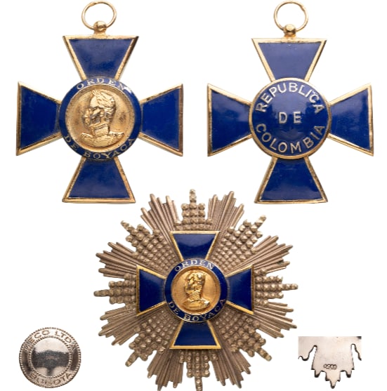 Order of Boyaca: Grand Cross Set, 1st Class, instituted in 1819. Sash Badge, 61x55 mm., gilt Silver, enameled, original suspension ring. Breast Star, 80 mm, gilt Silver with smooth rays, maker's mark "Meco Ltda - Bogo