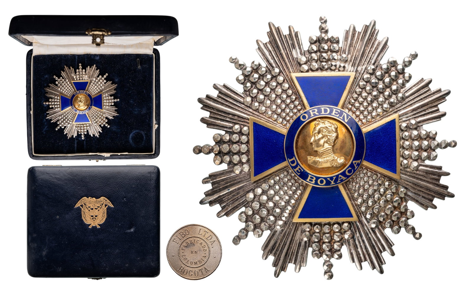Order of Boyaca: Grand Cross Star, 1st Class, instituted in 1819. Breast Star, 80 mm, gilt Silver with smooth rays, maker's mark "Fibo Ltda - Bogota", superimposed parts gilt, enameled, thin vertical pin, in case of i