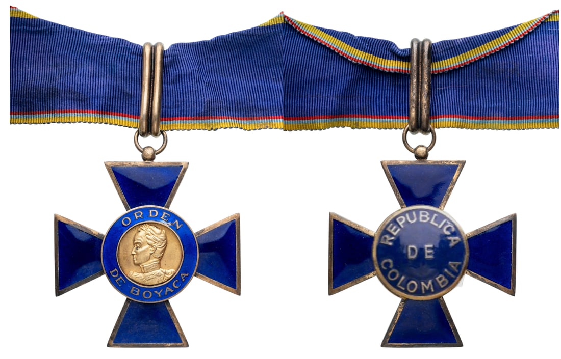 Order of Boyaca: Commander's Cross, 3rd Class, instituted in 1819. Neck Badge, 60x55 mm, gilt Silver, maker's mark, enameled, suspension ring, loop and ribbon. Superb badge, in extremely fine condition! I