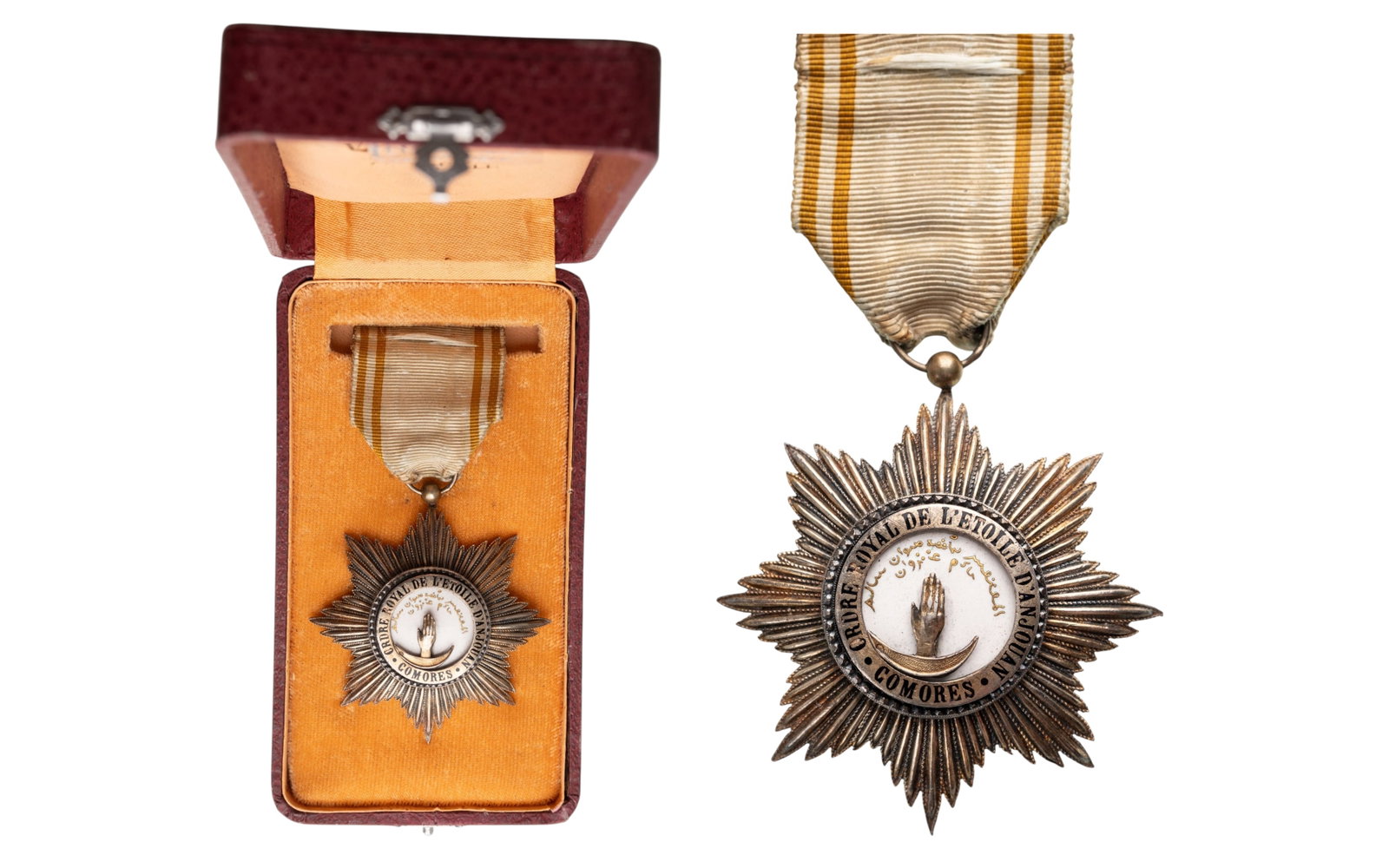 Order of the Star of Anjouan: Knight's Cross, 5th Class, instituted in 1874. Breast Badge, 64x59 mm., gilt Silver, one-side enameled, central medallion gilt, enameled, original gilt suspension ring and ribbon, in case of issue by 