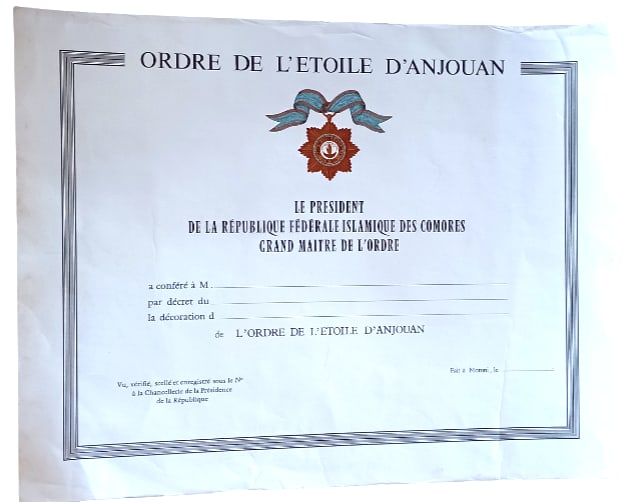 Order of the Star of Anjouan: Awarded Document unnamed, for any class, instituted in 1874. Extremely fine condition! I