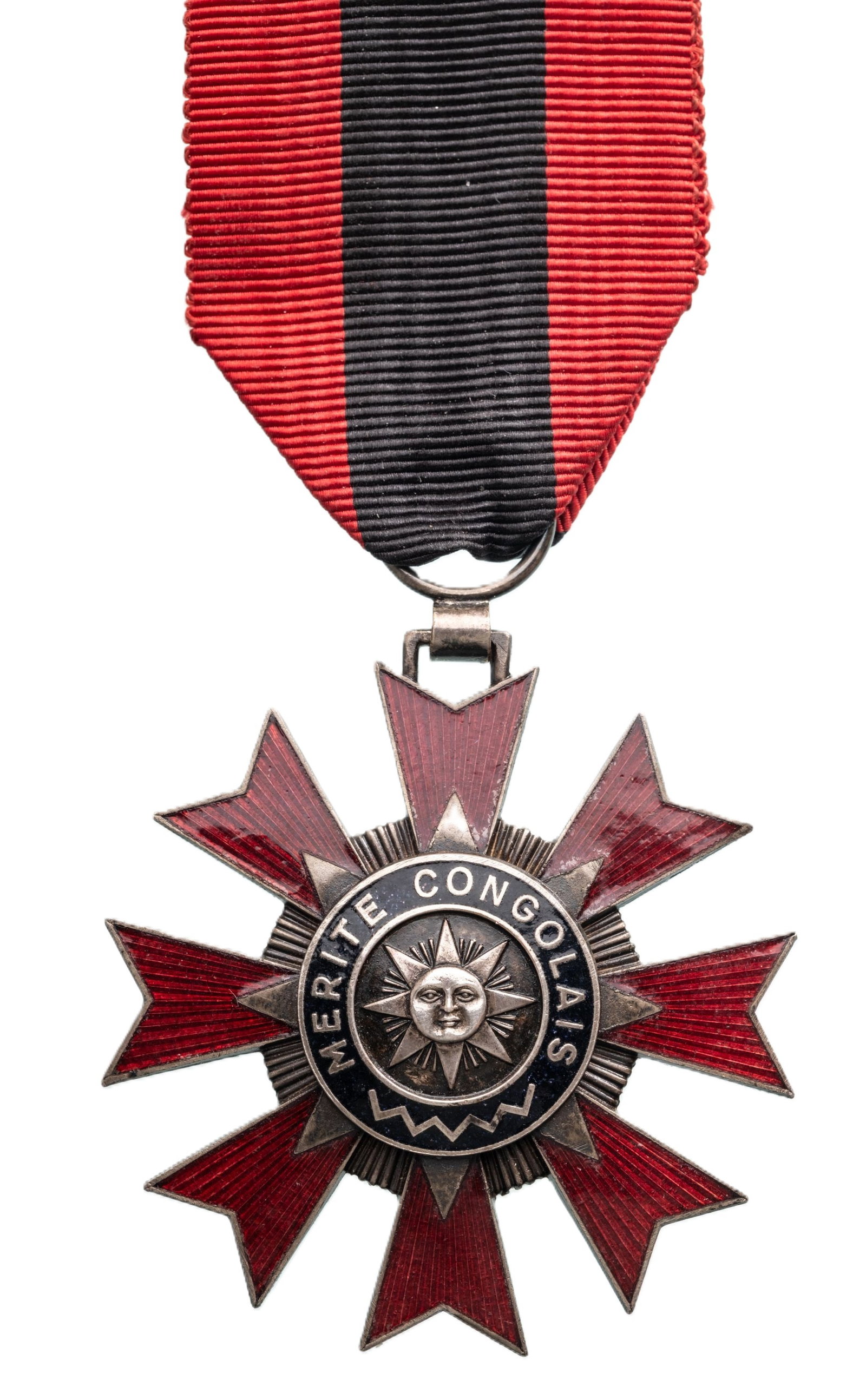 Order of Congolese Merit: Knight's Cross, 5th Class. instituted in 1959. Breast Badge, 65x61 mm., Silver, one side enameled, original suspension ring and ribbon. Mint state, interesting and scarce! I R!