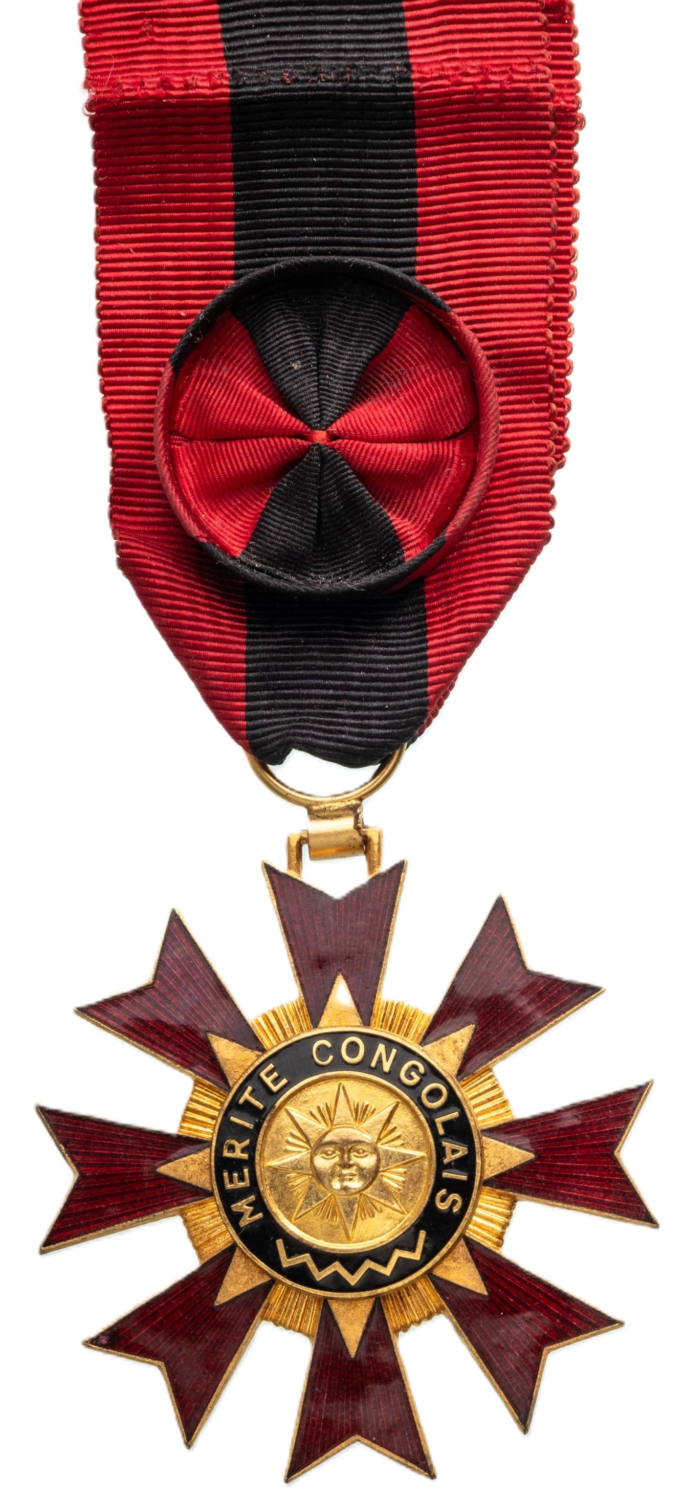 Order of Congolese Merit: Officer's Cross, 4th Class. instituted in 1959. Breast Badge, 54x50 mm., gilt Bronze, one side enameled, original suspension ring and ribbon with rosette. Mint state, interesting and scarce! I R!