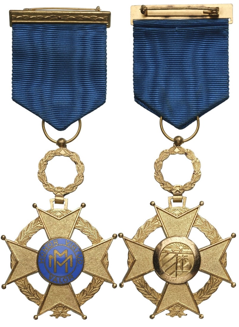 Order of Military Merit: 4th Class, for Good Conduct, instituted in 1912. Breast Badge, 71x45 mm., gilt Bronze, center enameled, original suspension ring and ribbon with ornamented suspension bar. A badge in mint condition! I
