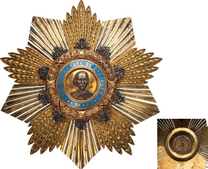 Order Of Carlos Manuel De Cespedes: Grand Cross Star, 1st Class, instituted in 1926. Breast Star, 85 mm., gilt Silver, maker's mark "Vilardebo & Riera - Habana", central medallion gilt, enameled, thin pin on reverse. Extremely fine cond