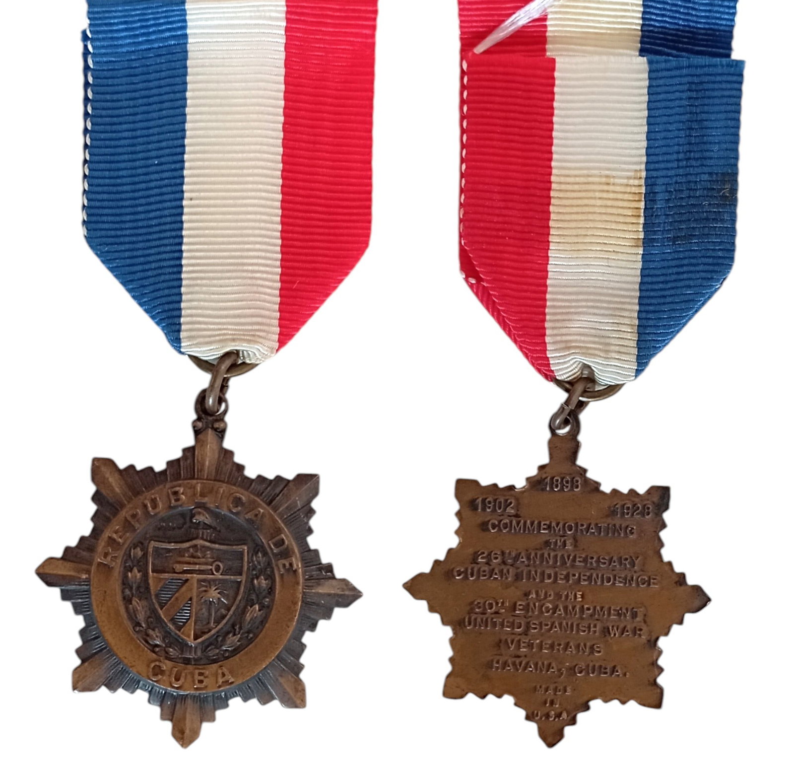 Spanish - American War Military Veteran Medal: Breast Badge, 37x34 mm., Bronze, original suspension ring and ribbon. Extremely fine condition! I