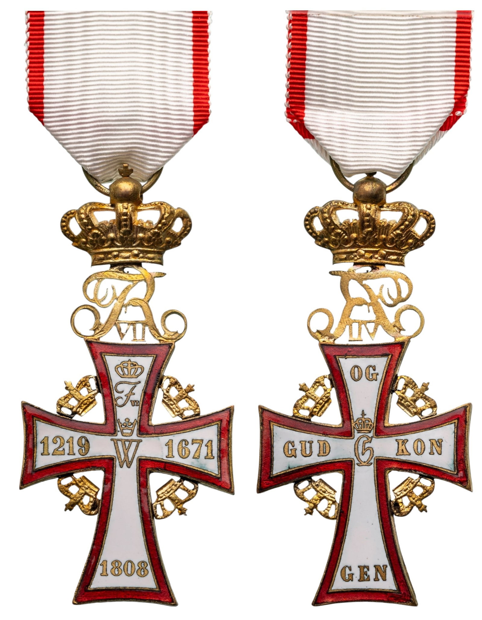 The Order of Dannebrog: Officer's Cross, Friedrich VII 1808 - 1863). Breast Badge, 67x33 mm., gilt Bronze bearing to its centre the crowned Royal cypher â??Wâ?? and the arms with the Orderâ??s Motto â??GUD OG KONGENâ?? 