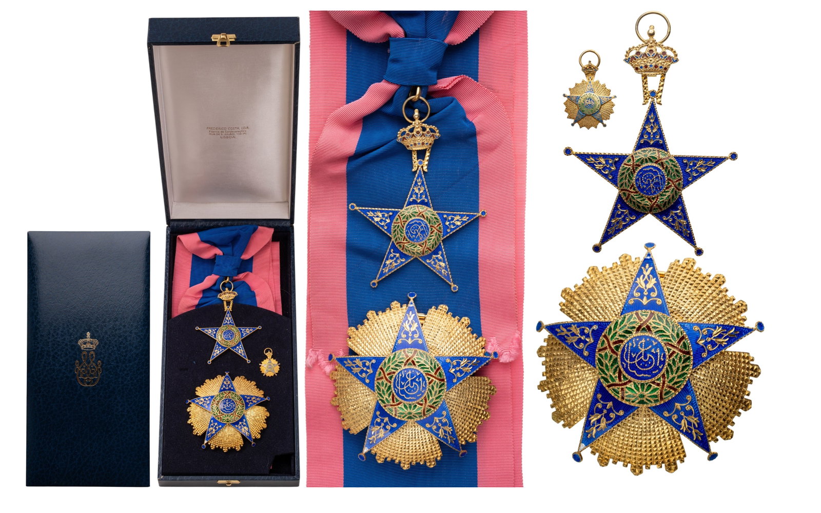 THE ORDER OF ISMAIL: Grand Cross Set, 1st Class, instituted in 1915. Sash Badge, 91x67 mm, gilt Bronze, enameled, superimposed part gilt enameled, with original gilt suspension crown, ring and sash. Breast Star, 83 mm, gi
