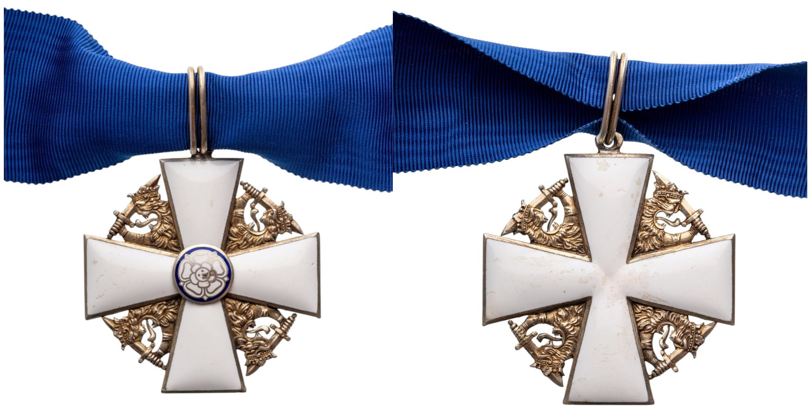 The Order of the Rose: Commander`s Cross, instituted in 1919. Neck Badge, 55x50 mm, gilt Silver, hallmarlked, maker's mark "AT", enameled, original suspension loop and ribbon. A nice badge, in extremely fine condition. I