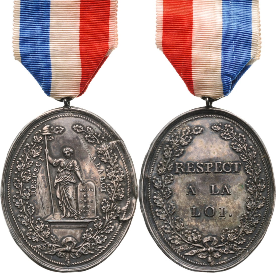 "RESPECT A LA LOI" Civil Servant Badge: Breast Badge, 2nd Type with "Republique" and the Tablets for the Rights of Man, 53x43 mm, Silver, made in two oval sections (some damage to the obverse). Intended for the administrator of a departmen.