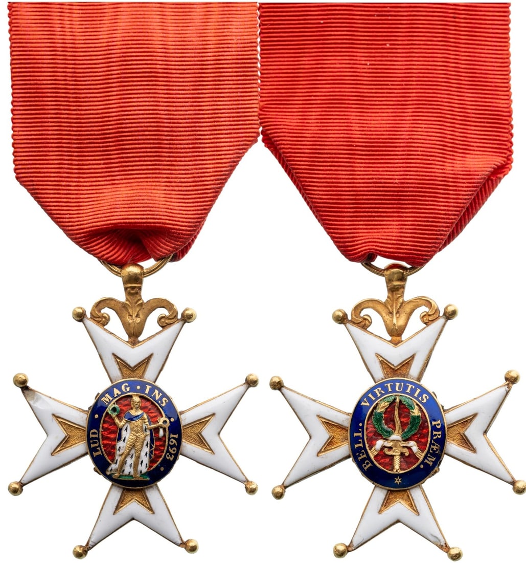 MILITARY ORDER OF SAINT LOUIS, INSTITUTED IN 1693: Knight's Cross, Louis Philippe I (1830-1848), Type with Lilies removed, 3rd Class, instituted in 1693. Breast Badge, 44x37 mm, GOLD, 12.5 g., enameled, both central medallions gold, enameled,