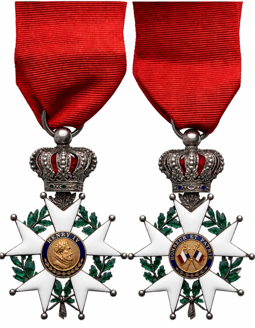 ORDER OF THE LEGION OF HONOR: Knight`s Cross, Louis Philippe King Period (1830-1848), 5th Class, instituted in 1802. Breast Badge, 60x39 mm, Silver, both sides enameled, both central medallions GOLD, enameled, original suspension 