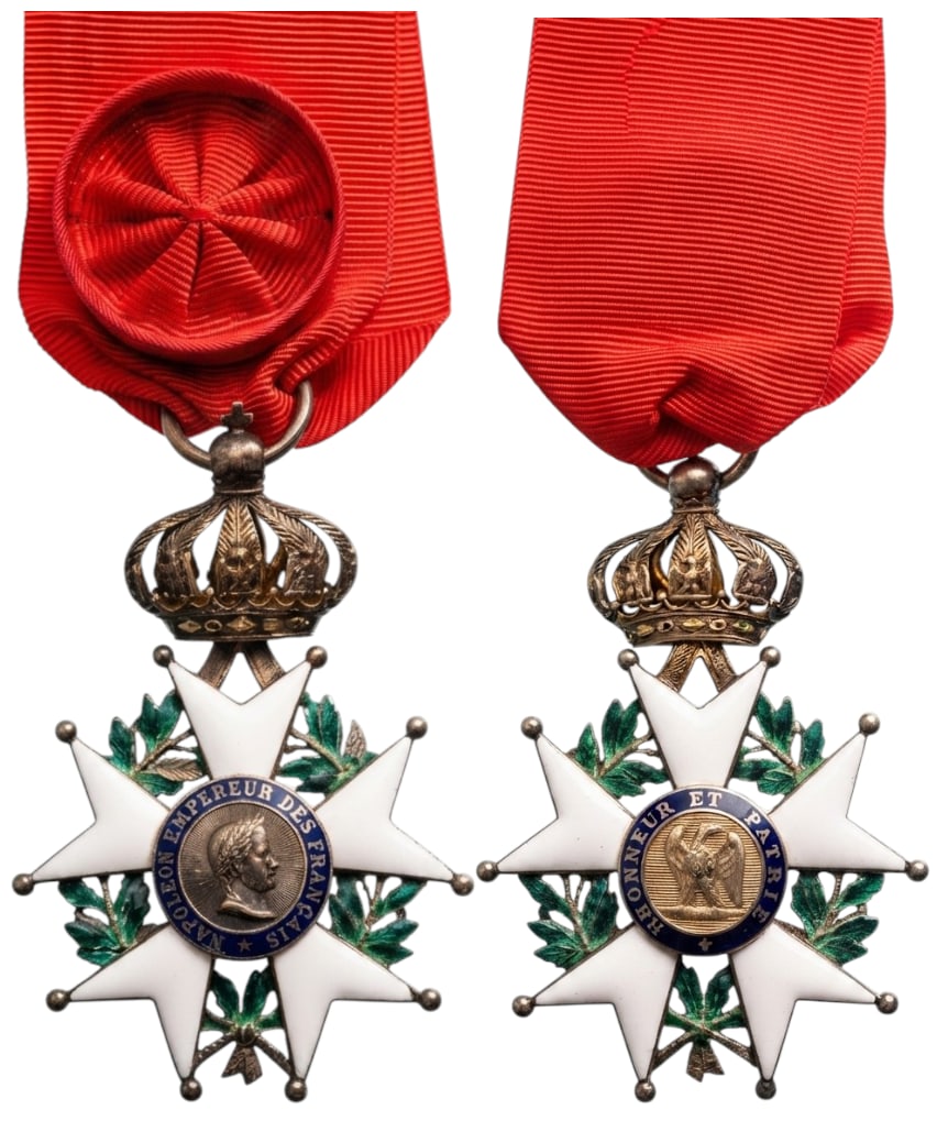 ORDER OF THE LEGION OF HONOR: Officer`s Cross, 2nd Empire (1852-1870)., 4th Class, instituted in 1802. Breast Badge, 51x30 mm, Silver, both sides enameled, both central medallions gilt, enameled, original suspension ring and new i