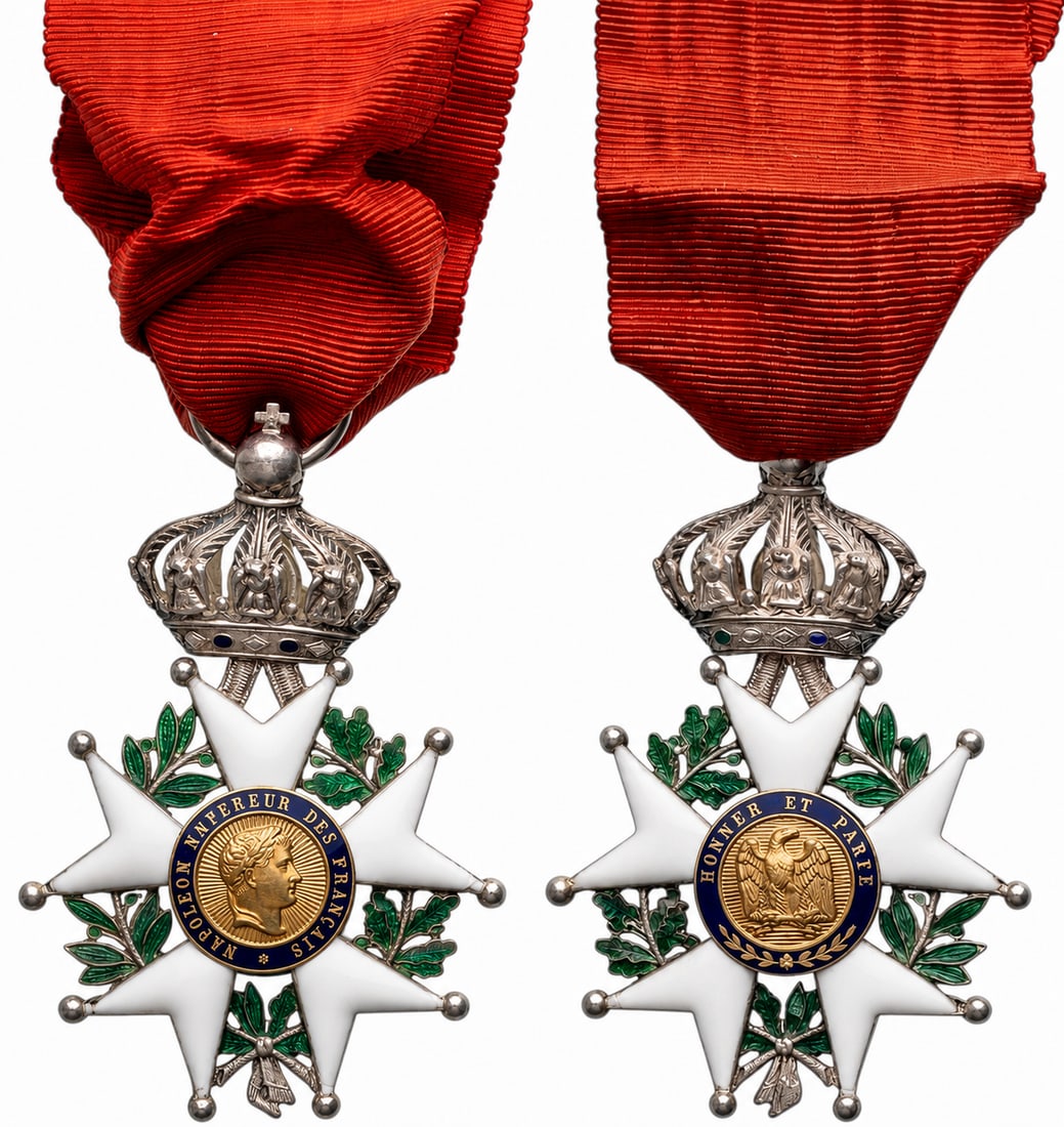 ORDER OF THE LEGION OF HONOR: Knight`s Cross, 2nd Empire (1852-1870)., 5th Class, instituted in 1802. Breast Badge, 57x36 mm, Silver, both sides enameled, both central medallions GOLD, enameled, original suspension ring and ribbon