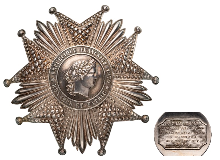 ORDER OF THE LEGION OF HONOR: Grand Cross Star, 3rd Republic (1870-1940). Breast Star, 91 mm, Silver, maker's mark "Ouzille Lemoine - Paris", round, large pin and two side hooks. A superb old star, in the best quality, fully repre
