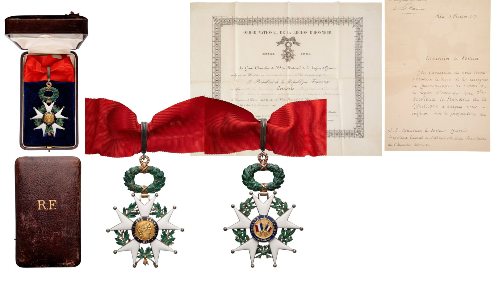 ORDER OF THE LEGION OF HONOR: Commander`s Cross, 3rd Republic, 3rd Class. Neck Badge, 92x60 mm., gilt Silver, both sides enameled, original suspension wreath, loop and ribbon, in case of issue by "Arthus Bertrand - Paris", with gi