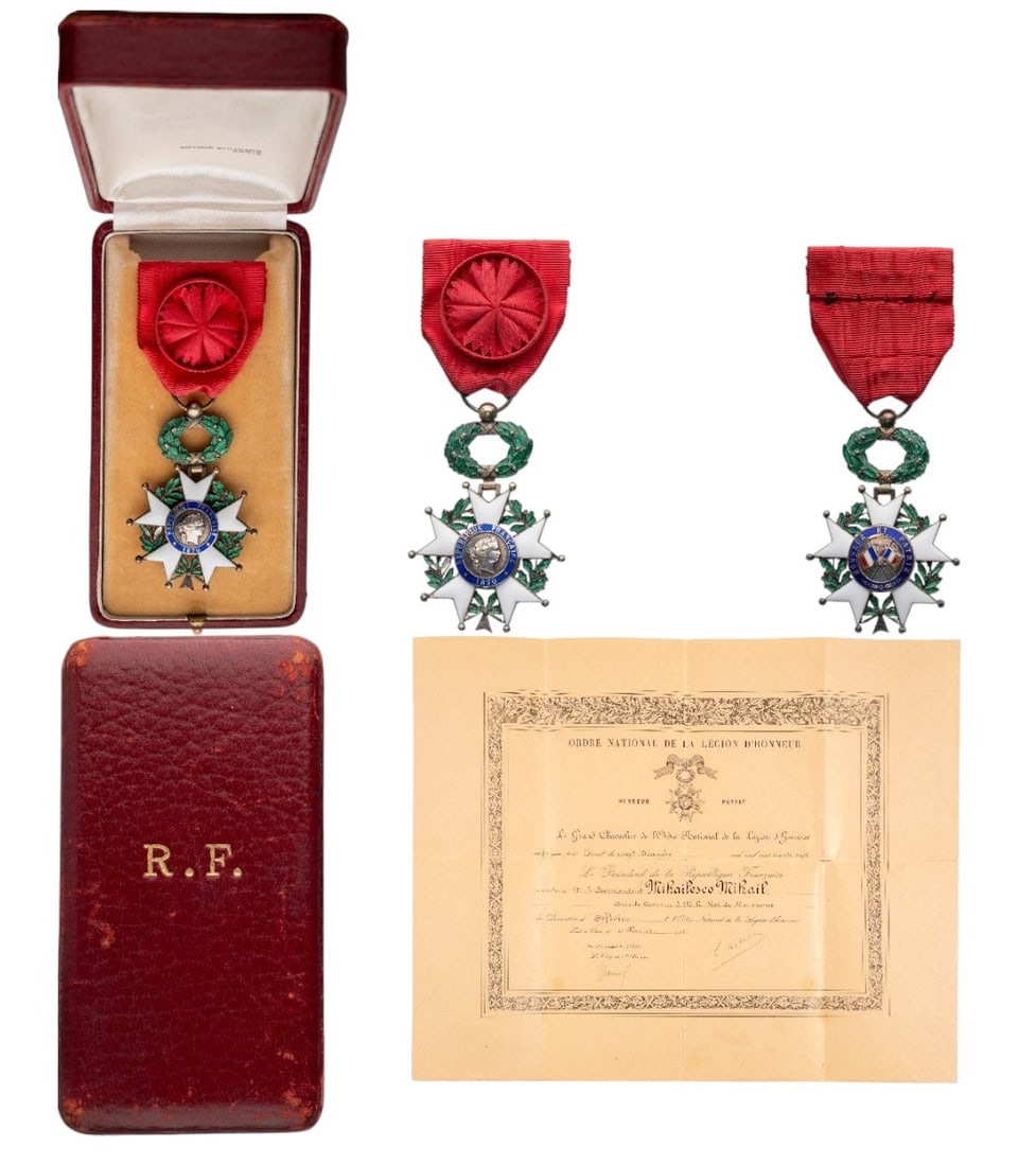 ORDER OF THE LEGION OF HONOR: Officer`s Cross, 3rd Republic, 5th Class. Breast Badge, 59x40 mm., Silver, both sides enameled, original suspension ring and ribbon with rosette, in case of issue by "Arthus Bertrand - Paris", with gi