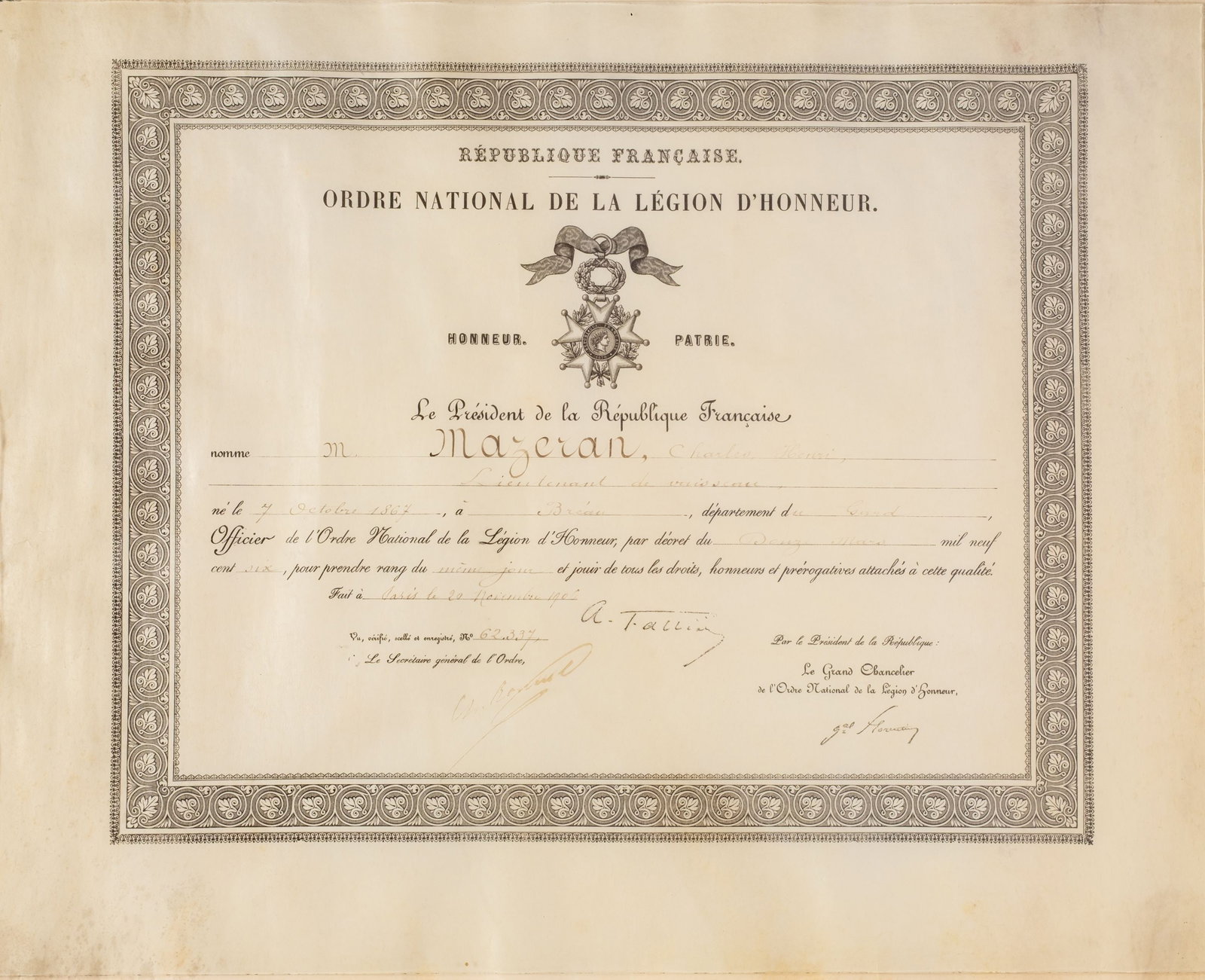 ORDER OF THE LEGION OF HONOR: Officer`s Cross, 3rd Republic, 5th Class. Awarding document to a Navy Lieutenant, dated 20th of November 1906. Superb! I